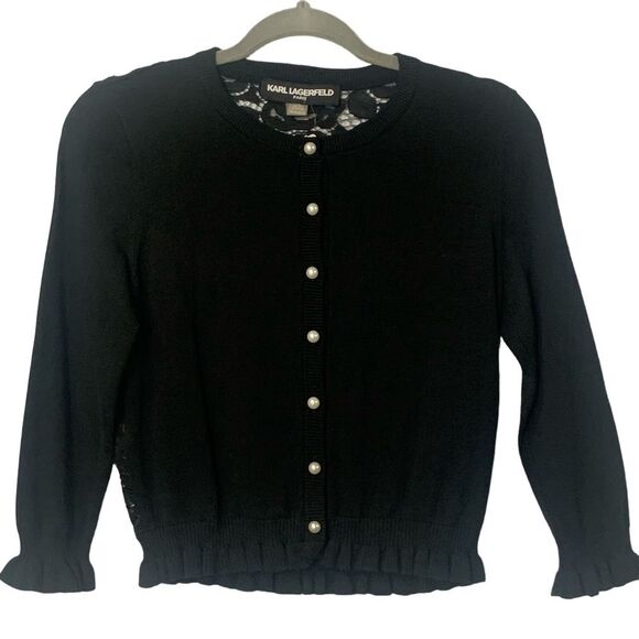 KARL LAGERFELD PARIS Lace Back Ruffle Cardigan - Picture 2 of 8